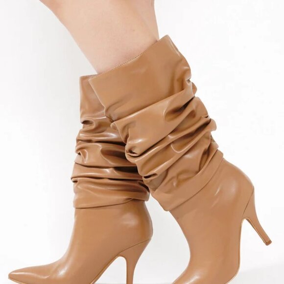 Khaite Ruched Stiletto Mid Calf Boots - Taupe and Black - Picture 5 of 5